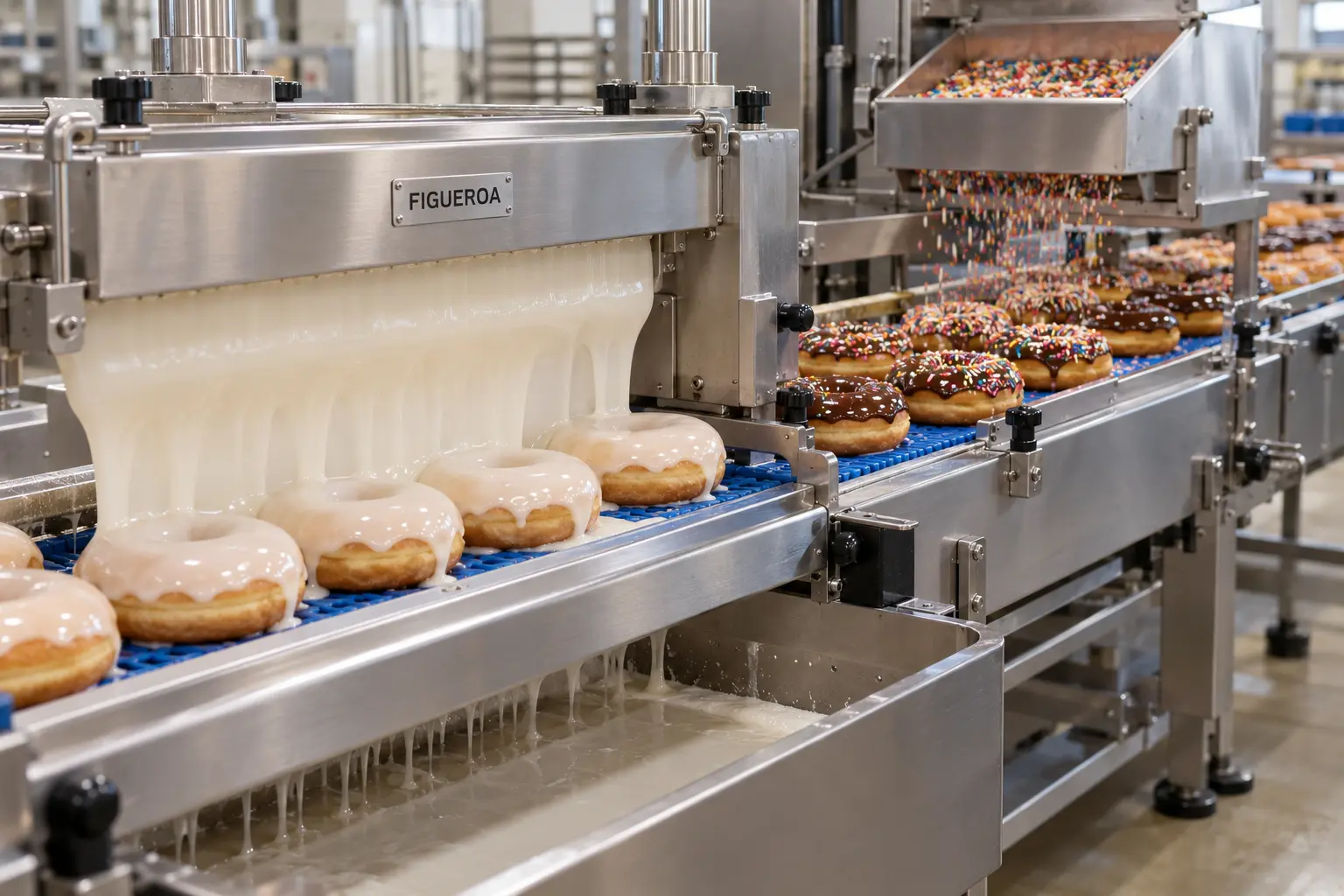 FIC-branded donut glazing and topping conveyor