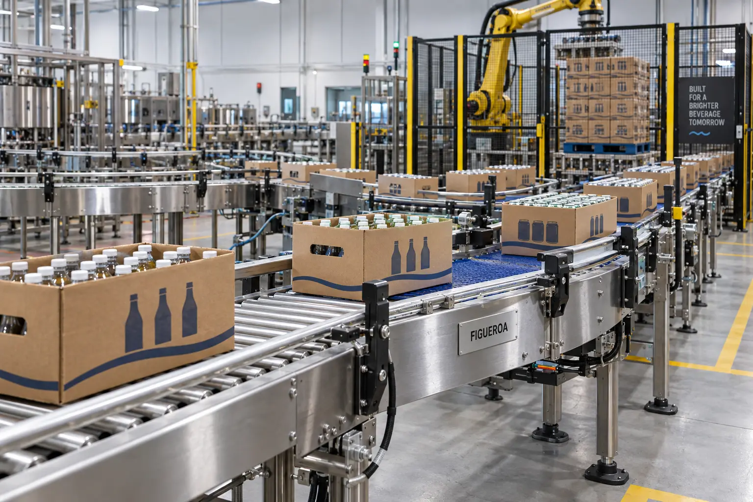 FIC-branded beverage case-handling conveyor