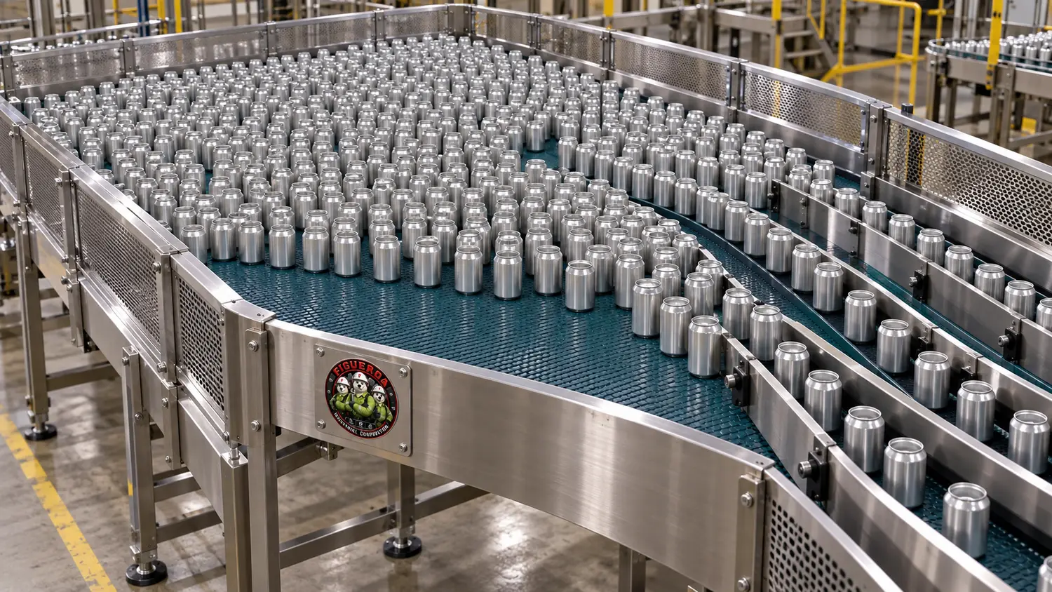 FIC-branded conveyor accumulation area with aluminum cans