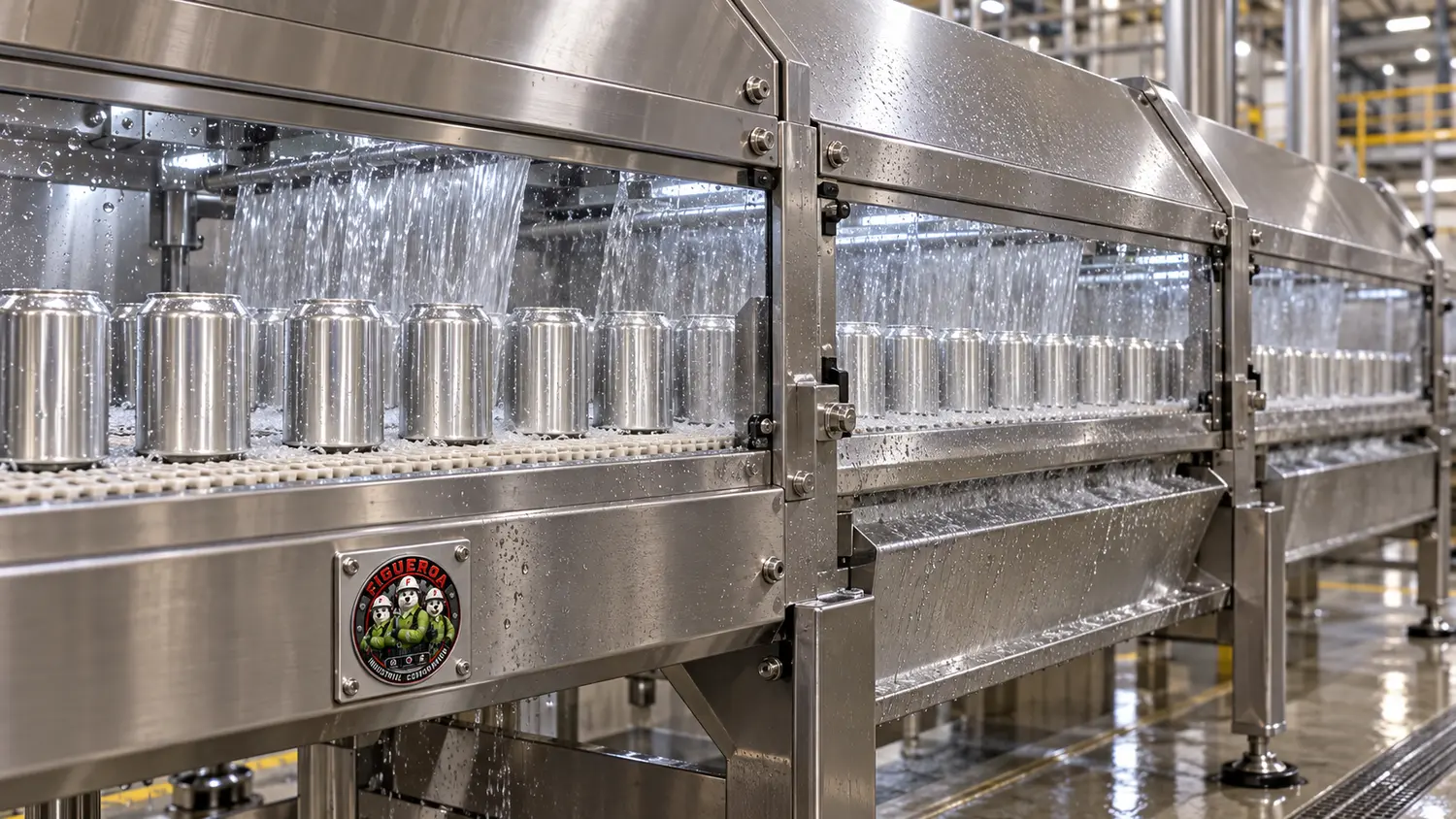 FIC-branded stainless steel conveyor in a can-washing area