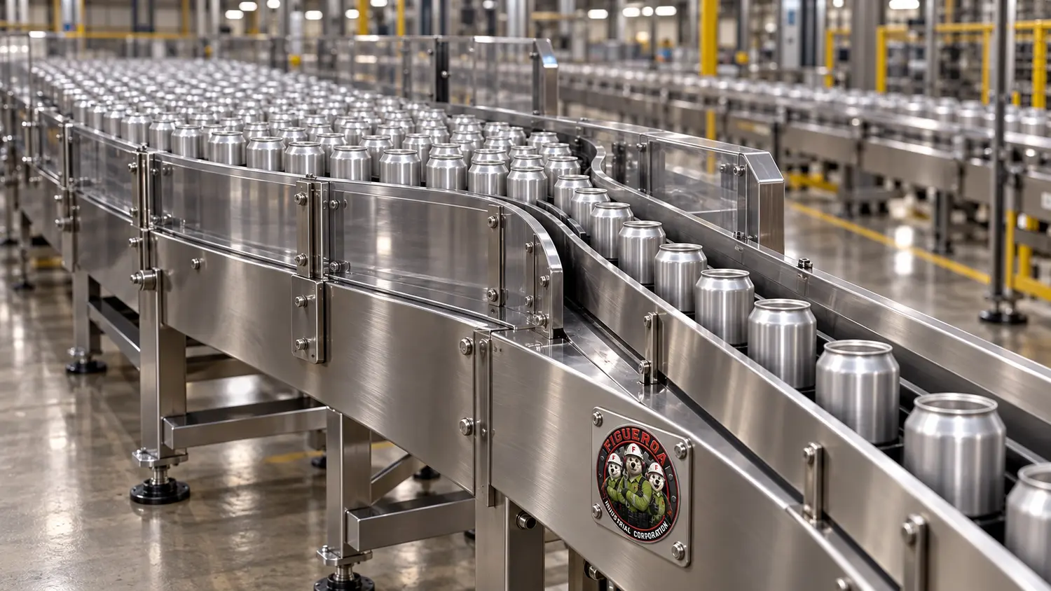 FIC-branded high-speed conveyor arranging aluminum cans into a single file