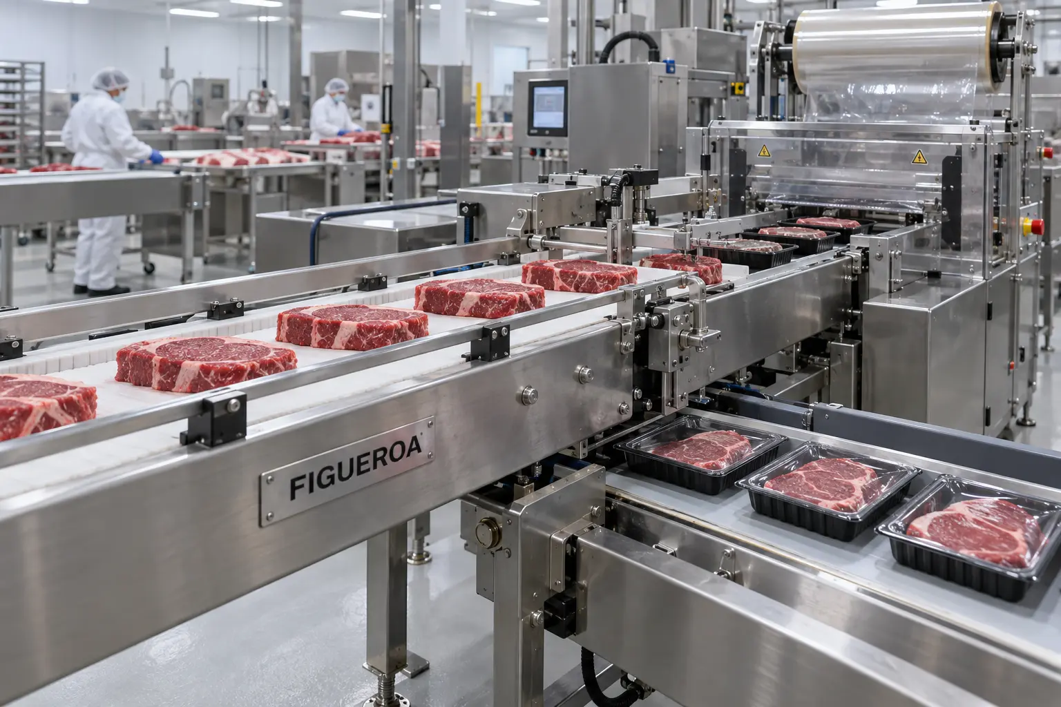 FIC-fabricated conveyor moving beef steaks into retail trays and packaging