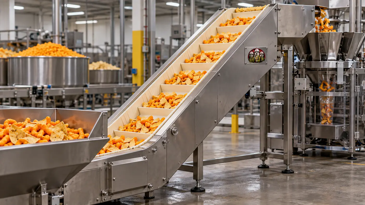 FIC-branded conveyor carrying vegetables