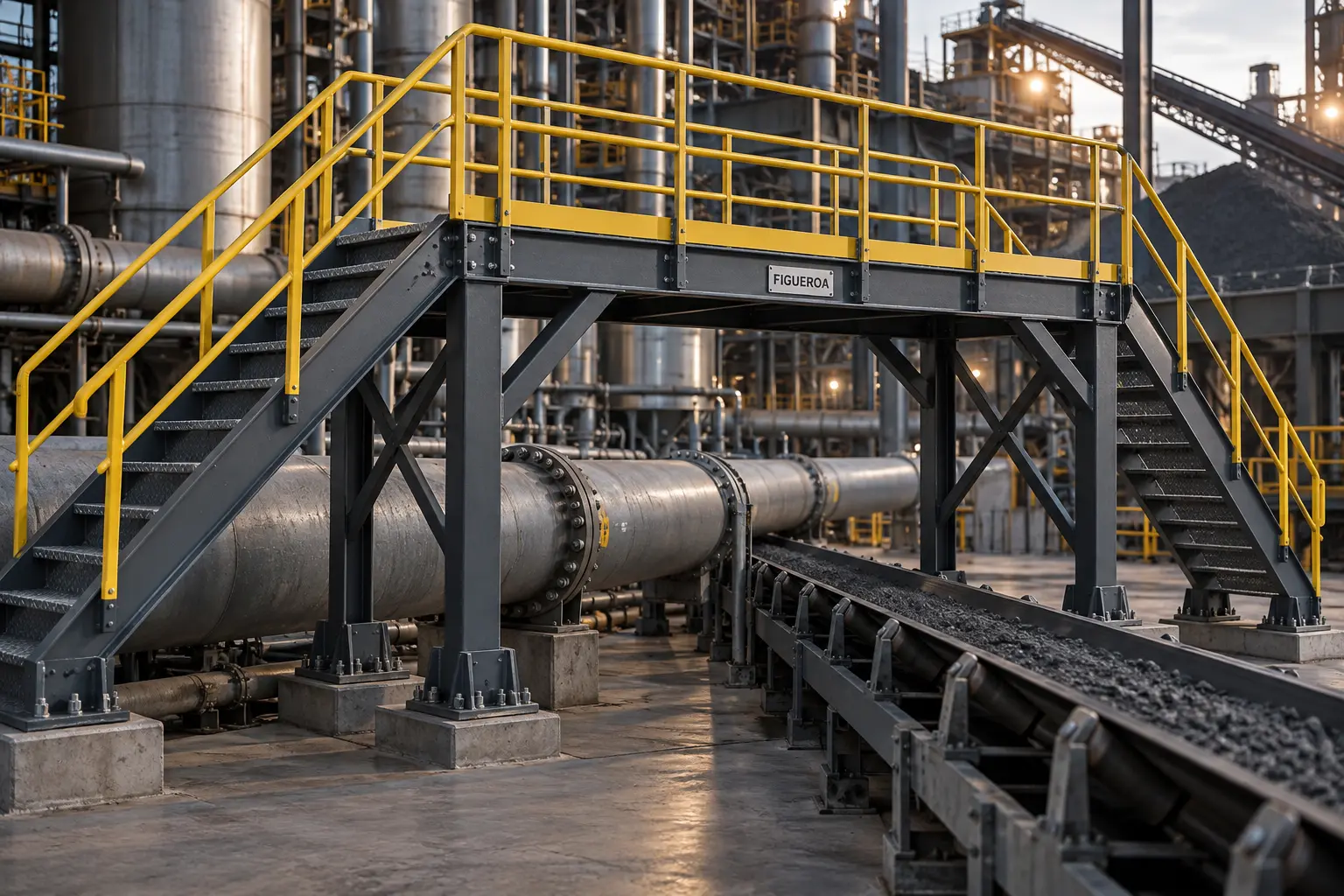 FIC heavy carbon steel crossover platform over industrial piping and conveyor equipment