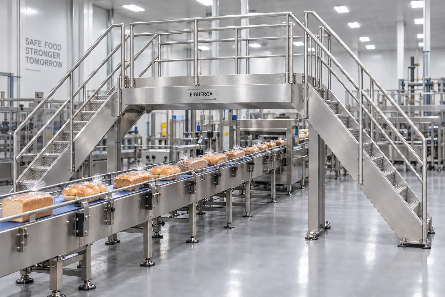 FIC compact crossover with solid deck and complete handrails spanning a packaged bread conveyor
