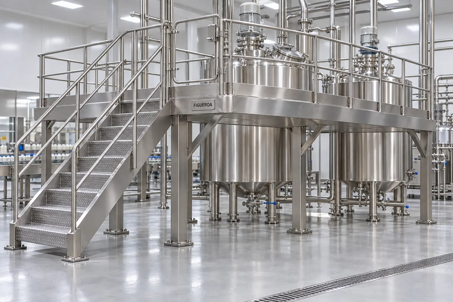 FIC sealed stainless access platform around sanitary processing tanks