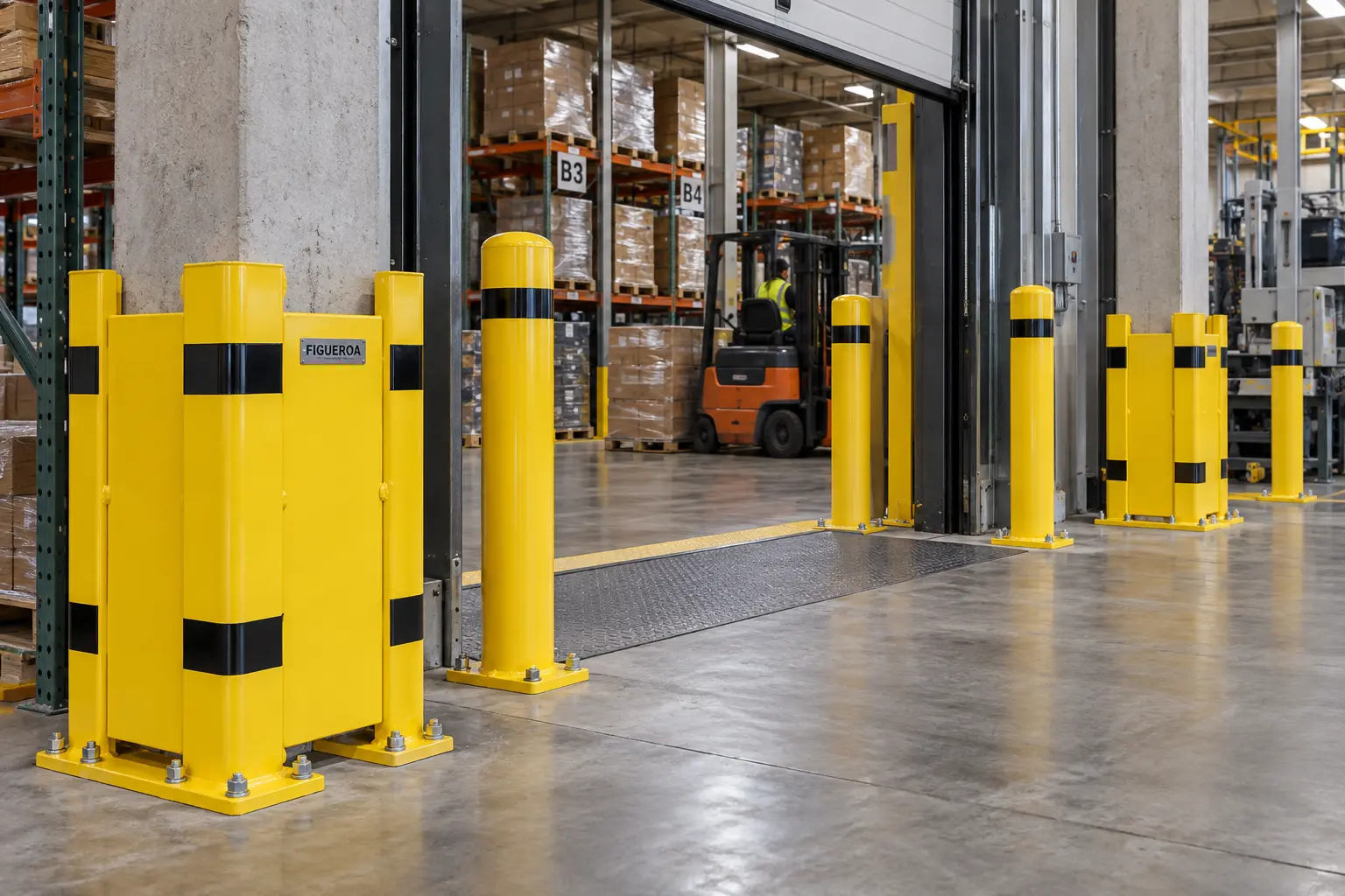 FIC fabricated safety bollards and column protection in a warehouse